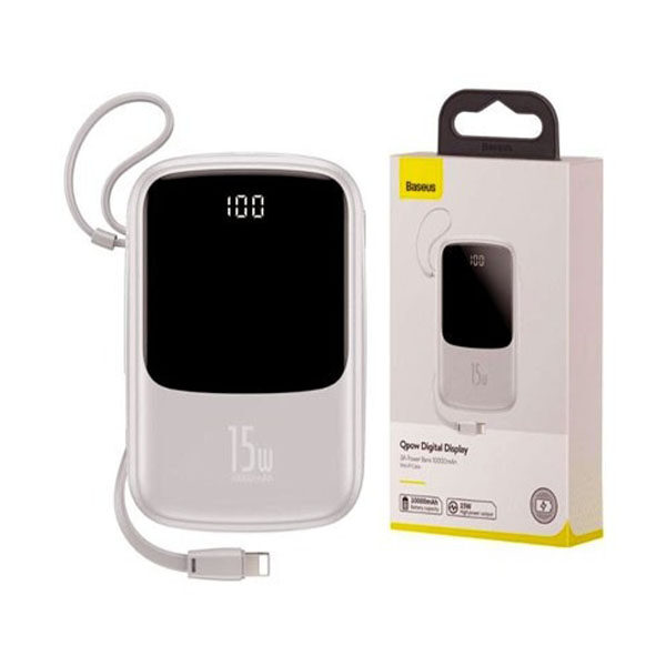 پاوربانک بیسوس ۱۰۰۰۰ میلی آمپر کابل متصل لایتنینگ Baseus QPow Digital Display Power Bank Iphone سفید